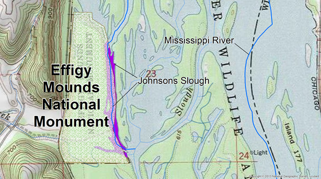 only the adjacent linear segment of Johnsons Slough and the purple areal polygon were attributed as adjacent in HIS.