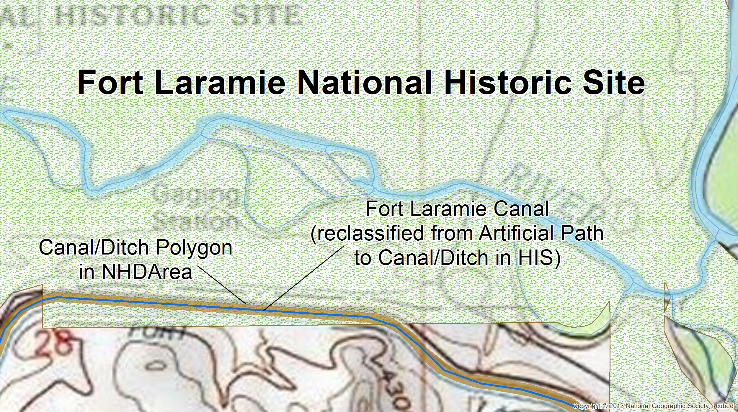A canal runs through the southern portion of Fort Laramie National Historic Site. The artificial path (blue) that represents the Fort Laramie Canal was reclassified as a canal to obtain the appropriate canal mileage.