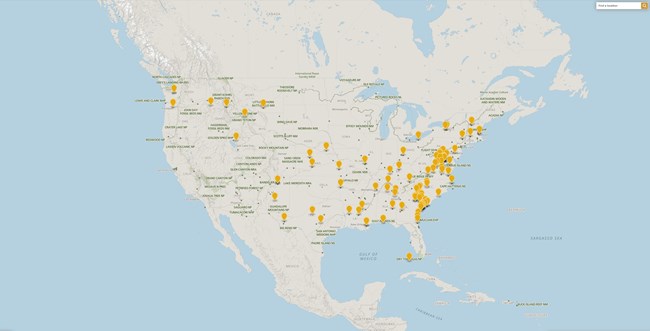 Map of the United States with 107 orange points of interest, pointing out each of the network sites across the U.S.