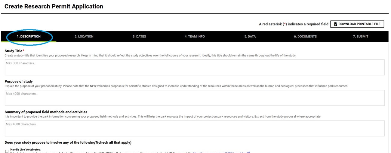 Screenshot of permit application form with Tabs at the top and text boxes, check boxes, and radio buttons on the form.