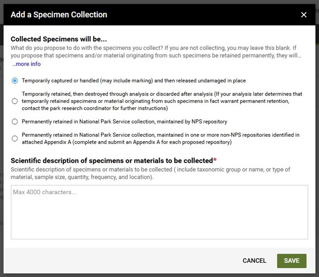 Pop-up window with radio buttons to specify the fate of collected specimens and a box to enter a description of the collection.