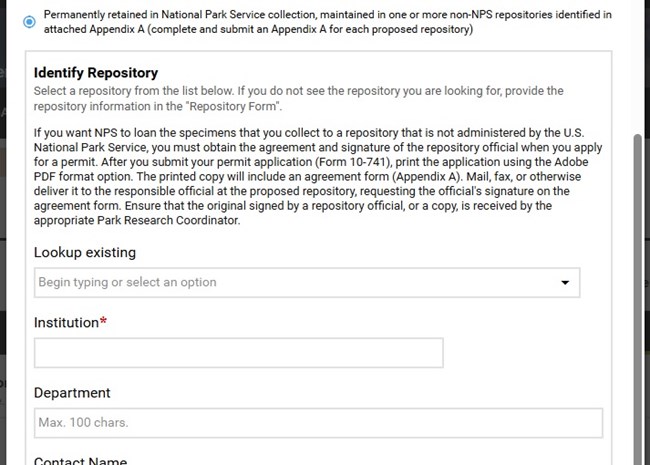 User interface asking for information about a non-NPS repository for collected specimens.