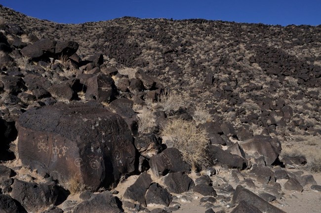 Ancient carvings on dark black basalt.