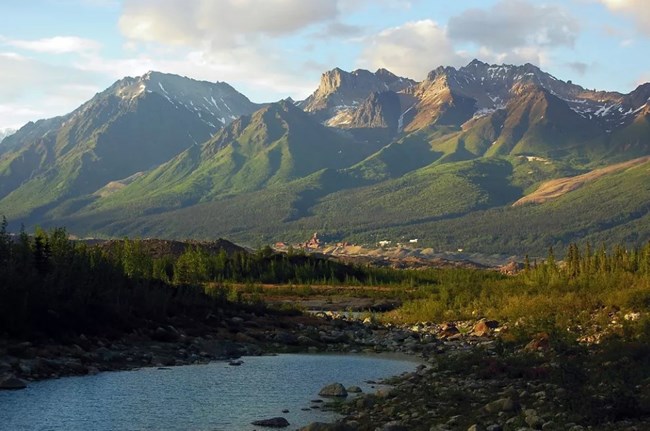 The Kennecott and Root glaciers overlook the historic industrial town of Kennecott.