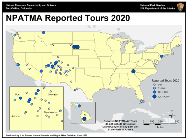 a map of the US with dots indicating report air tours in 2020. There is an inset map of the four corners area and Hawaii