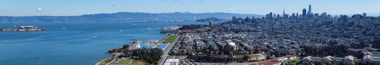 An aerial shot of the city of San Franciso and the bay