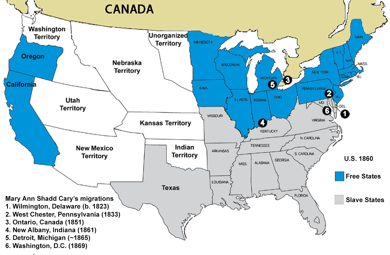 Map of Slave States in 1860 (JPG) for Teaching with Historic Places lesson plan about Mary Ann Shadd Cary