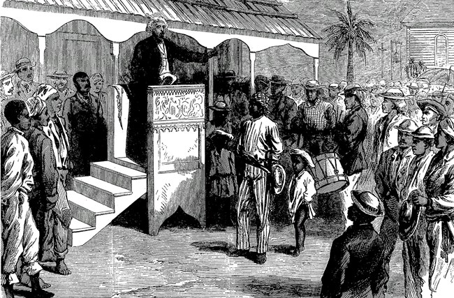 Line drawing of a Black man speaking from a podium to crowd of Black men and children