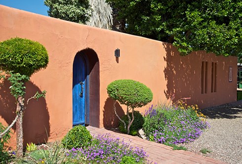 Brightly colored door in adobe wall.