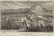 Zuñi Pueblo, mirando hacia el este. 15 de septiembre de 1850. La Misión de Nuestra Señora de Guadalupe está a la derecha. Boceto de Richard Kern. Cortesía de Wikimedia Commons.