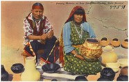 Postcard of Maria and Julian Martinez at San Ildefonso Pueblo, ca. 1930 - 1945. The pottery revival grew with increased tourism at the pueblo. The Tichnor Brothers Collection. Courtesy of Boston Public Library.