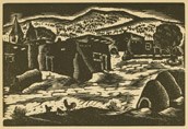 "Indian village" Cochiti. 1937, Todros Geller. Linocut depicts the mission when briefly had a steeple in the early 20th-century. From Land to Land. From the Yiddish Book Center's Spielberg Digital Yiddish Library. Courtesy of Wikimedia Commons
