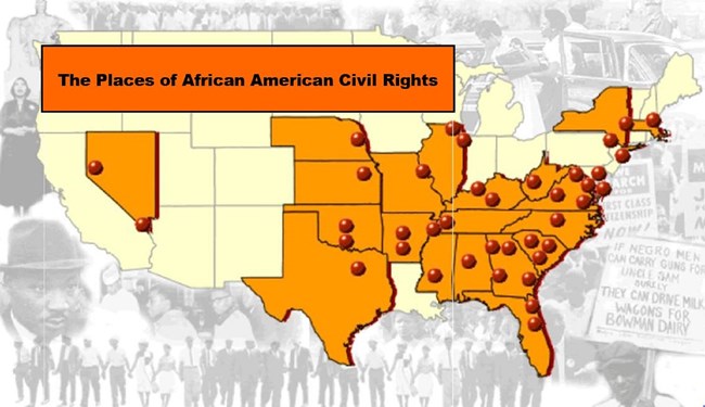 Screenshot of map of US with pinpoints of sites of African American civil rights.