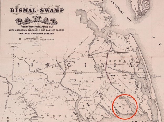 Map of Southern Virginia and Northern North Carolina that shows the Great Dismal Swamp