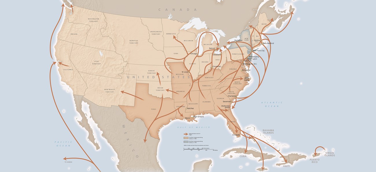 Map of the United States, Canada, and Central America, showing arrows to these places indicating the route freedom seekers would have followed.