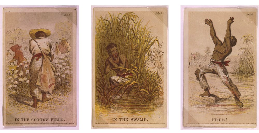 A set of cards showing freedom seekers reaching freedom.