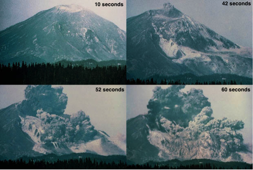 4 photographs show sequential changes during the eruption of a volcanic mountain.