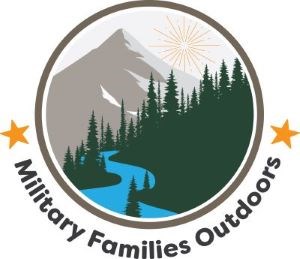 A graphic of a river through trees at the base of a mountain and the words " Military Families Outdoors."