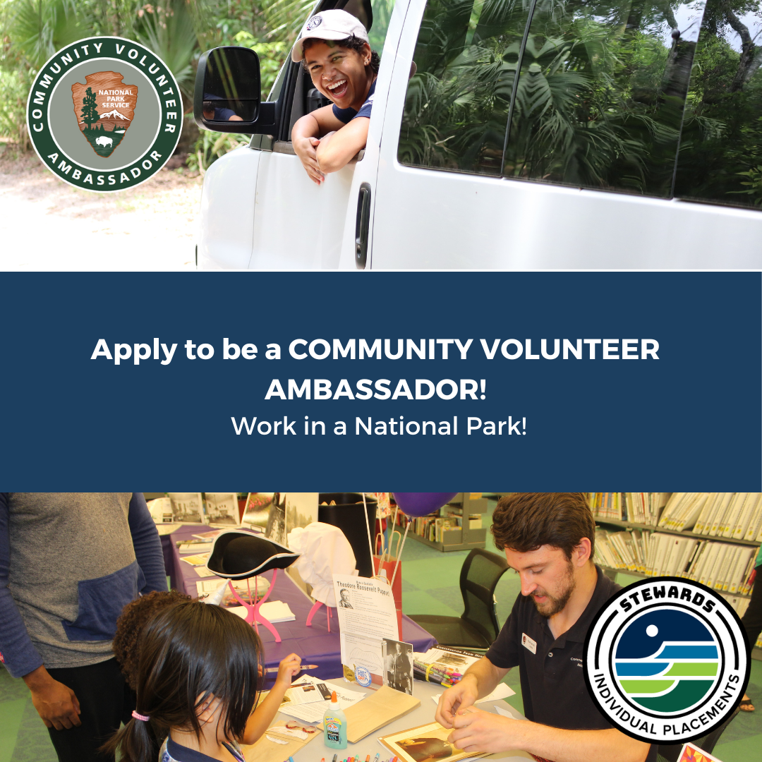 Photo collage of two Community Volunteer Ambassadors (CVAs)s. On the top, a CVA is outdoors leaning out of the driver’s side window of a parked van. The Community Volunteer Ambassador official logo is on the left side of the image. Below the first photo