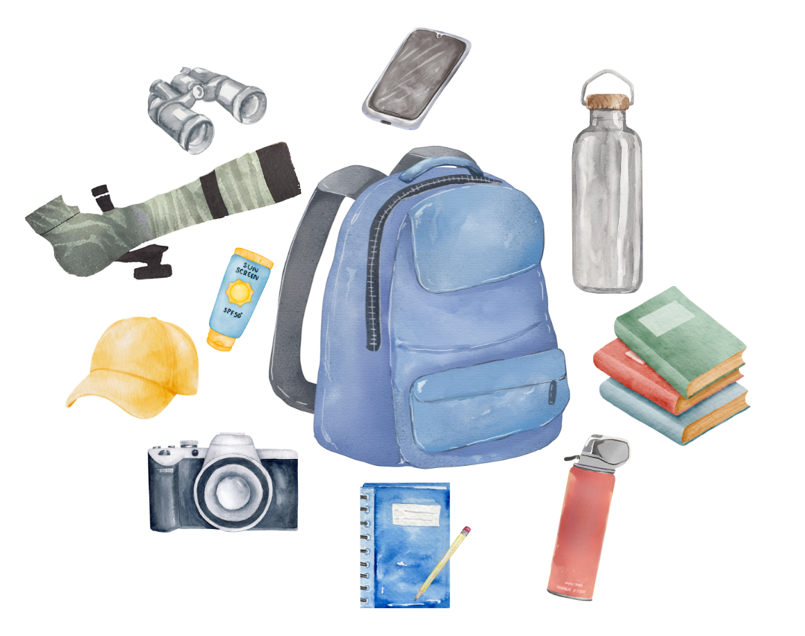 a backpack, smart phone, water bottle, books, bear spray, notebook, pencil, camera, sunscreen, hat, spotting scope, and binoculars