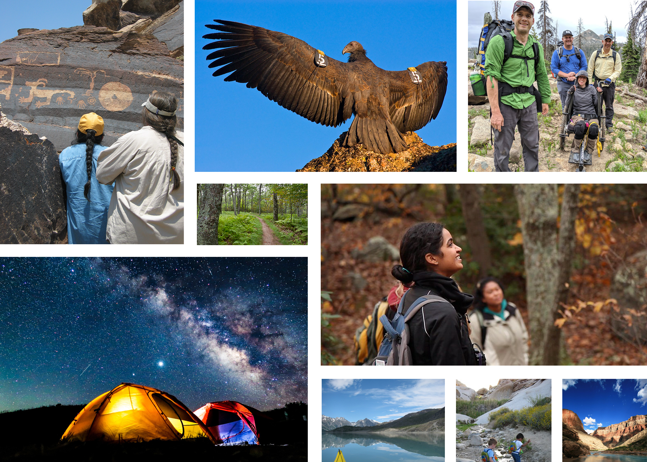 Collage of images including people looking at petroglyphs, a tagged condor, a group of hikers including a wheelchair user, tents under a starry sky, students talking, kayakers, kids playing, and views of Grand Canyon.