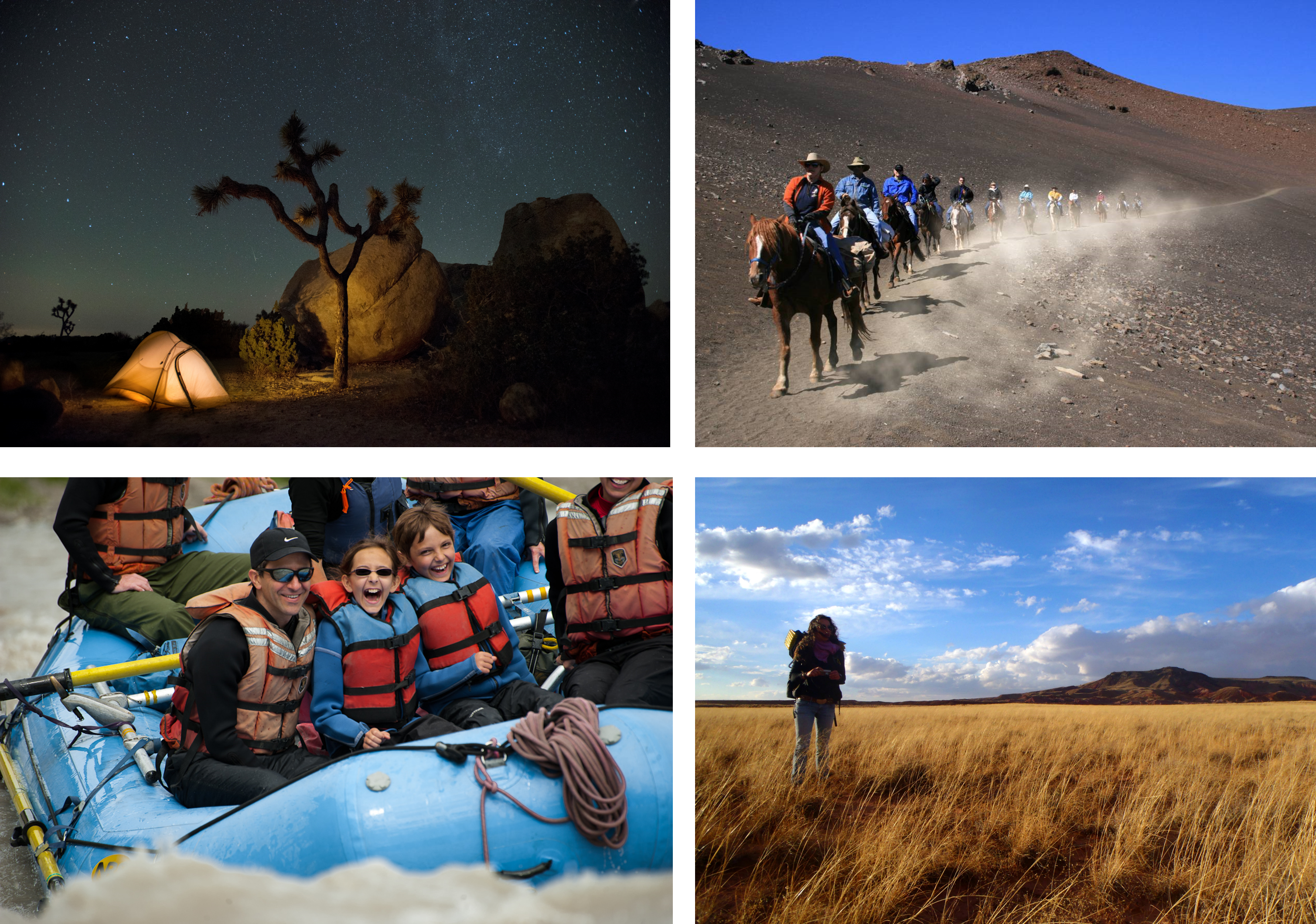 2024 Wilderness Report collage including a tent below a starry night sky, a group of people riding on horses in a line down a trail, a family on a raft in river rapids, and a person standing in a large open field with mountains in the background.