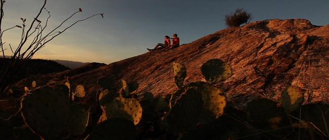 Visitors sit atop a boulder and look at desert landscape.
