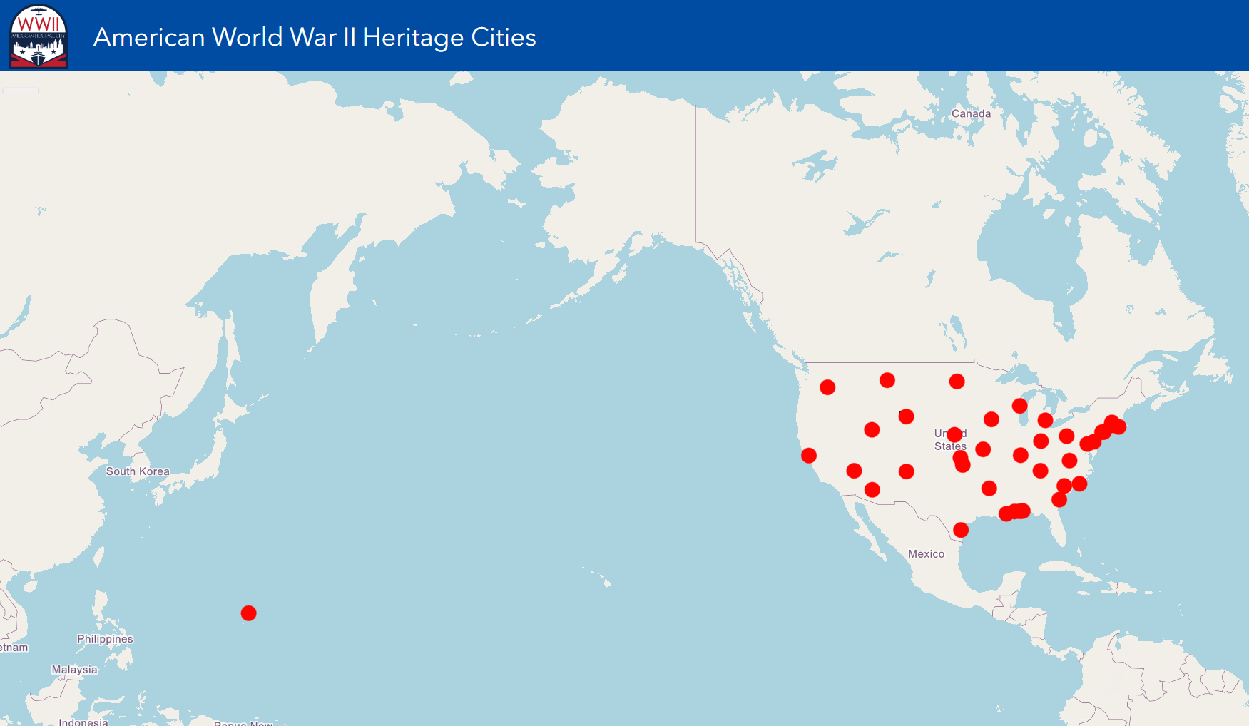 Map of United States and the Pacific Ocean showing the locations of designated American World War 2 Heritage Cities