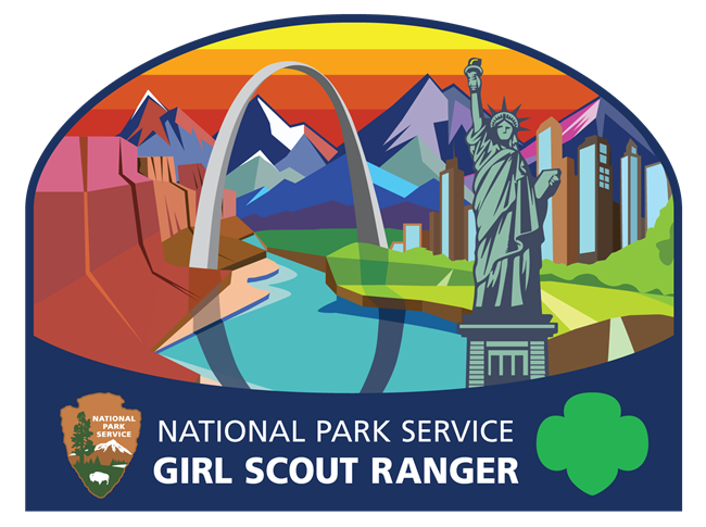 Dome-shaped patch with two logos and text, "National Park Service Girl Scout Ranger"