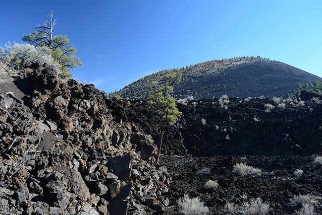 rough craggy black lava covers the land with a volcanic cinder cone in the background beneath clear blue skies