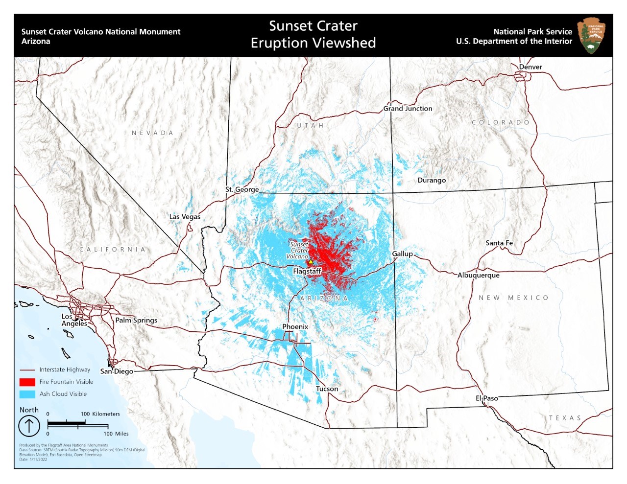 Map of the southwest showing areas from which the Sunset Crater eruption could have been seen. Viewshed is marked in blue (visible ash cloud) and red (visible lava)