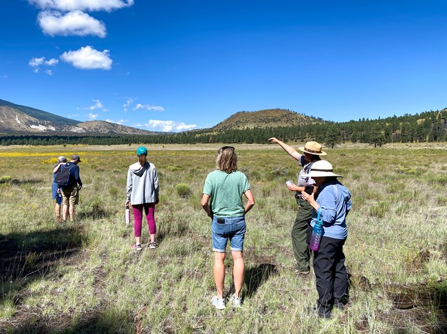 A uniformed ranger and five visitors stand in an open meadow with volcanic hills in the background and a blue sky. .