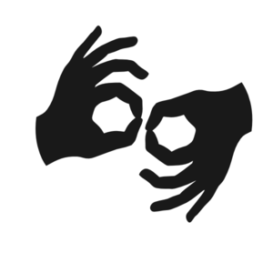 Black and white drawing of two hands in the symbol for "sign language interpretation"