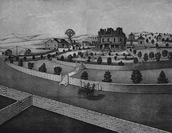 Lithograph of the Spring Hill Ranch - take note of the windmill on the barn