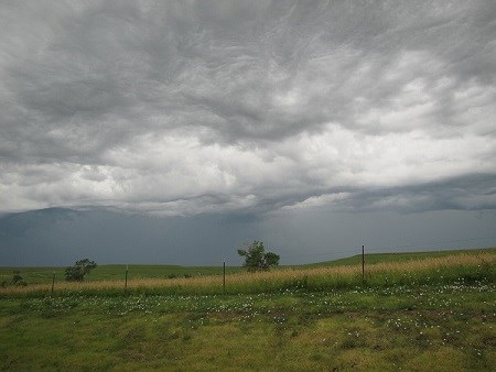 Storm clouds darken the green prairie