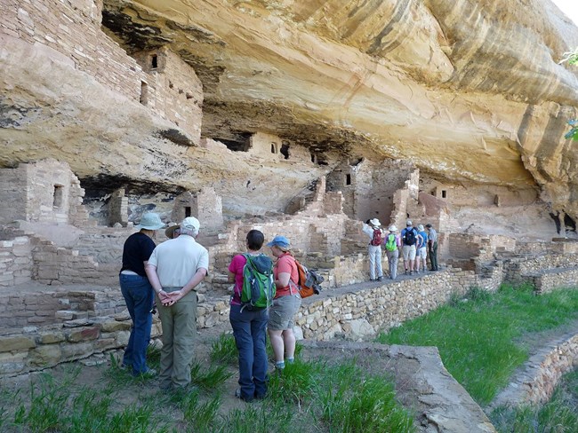 A group of visitors standing on an embankment around Mug House.