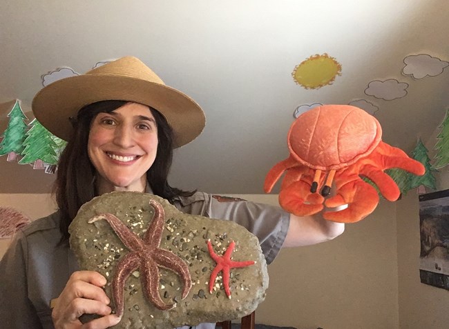 Ranger holding sea stars and a crab puppet