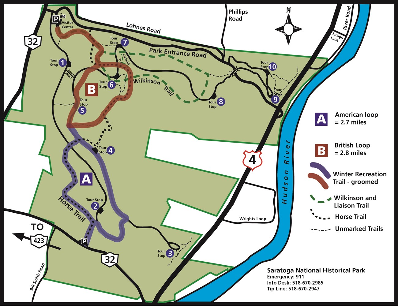 A map shows the roads and trails in the park. This map features the winter recreation trails. The British Loop is highlighted in red and is around 2.8 miles. The American Loop is highlighted in blue and is around 2.7 miles.