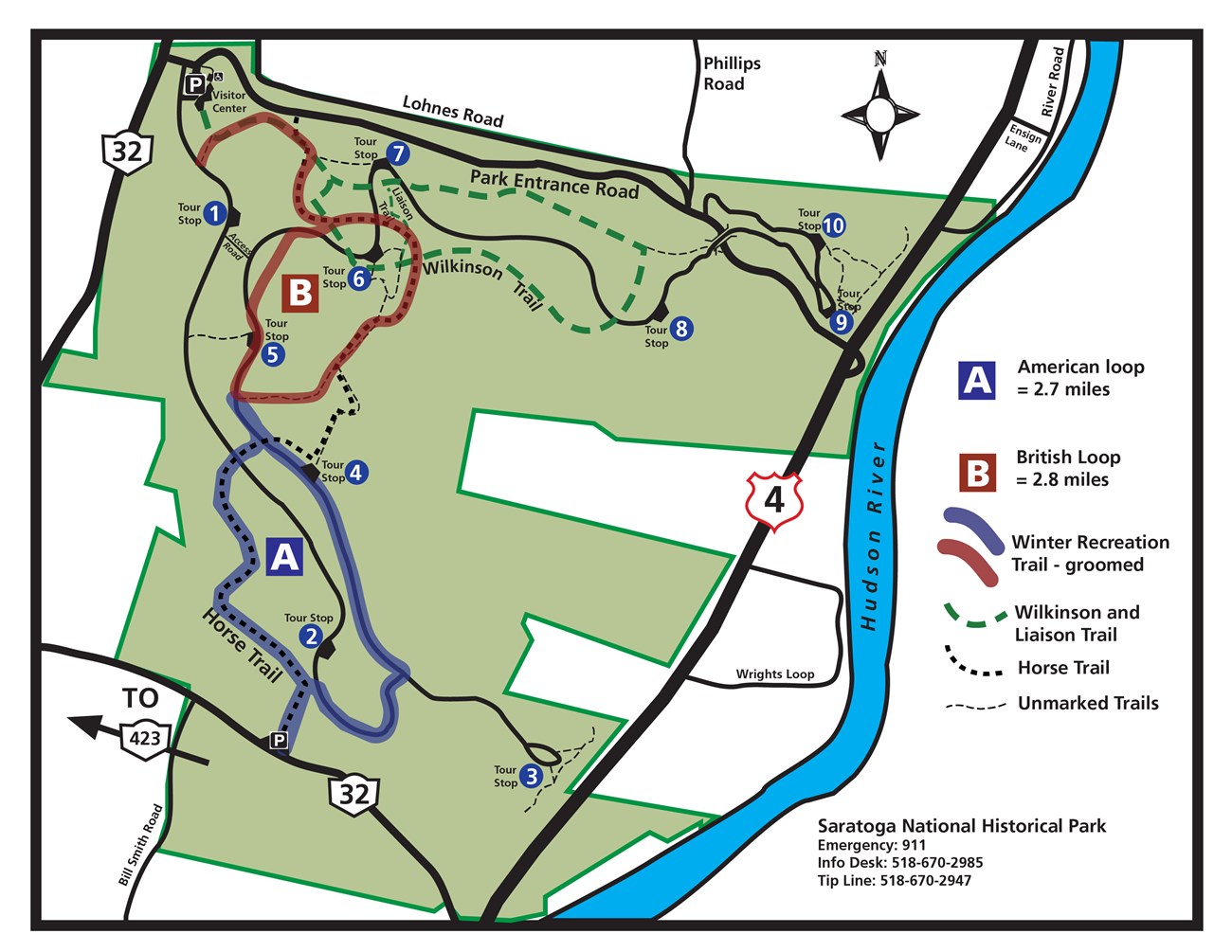 A map shows the roads and trails in the park. This map features the winter recreation trails. The British Loop is highlighted in red and is around 2.8 miles. The American Loop is highlighted in blue and is around 2.7 miles.