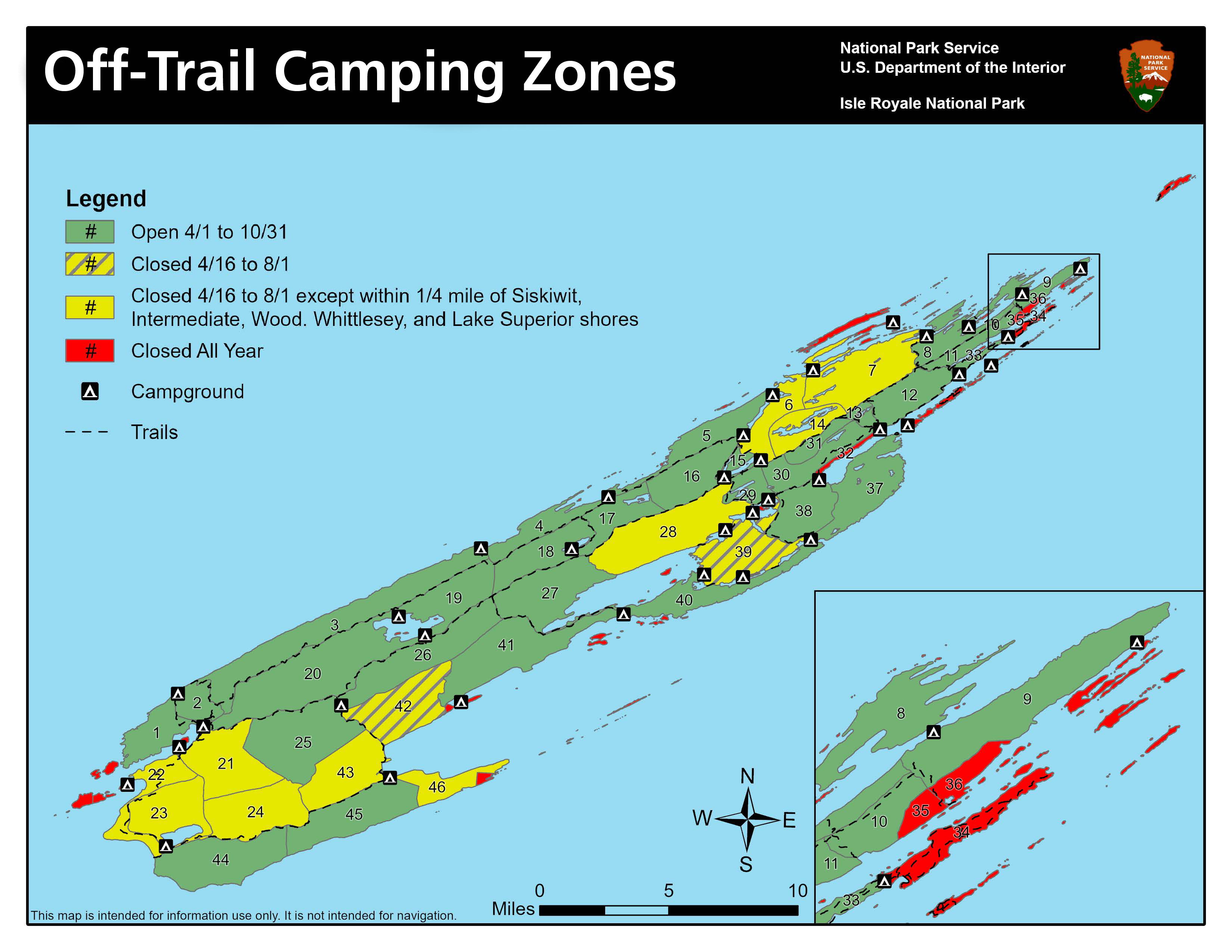 A map of Isle Royale broken up into different off-trail camping zones