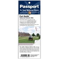 A sticker of a wagon, courthouse, and flag. Text reads, "Passport To Your National Parks Official Sticker, Fort Smith National Historic Site."