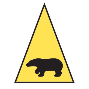A yellow triangle with a black symbol of a bear in the center of it.