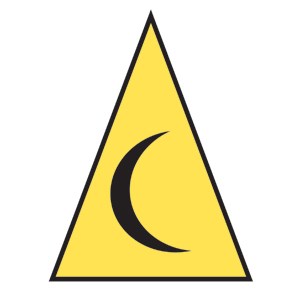 A yellow triangle with a crescent moon shape inside of it.