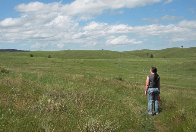 a woman standing on a trail in the open prairie looking at the sky