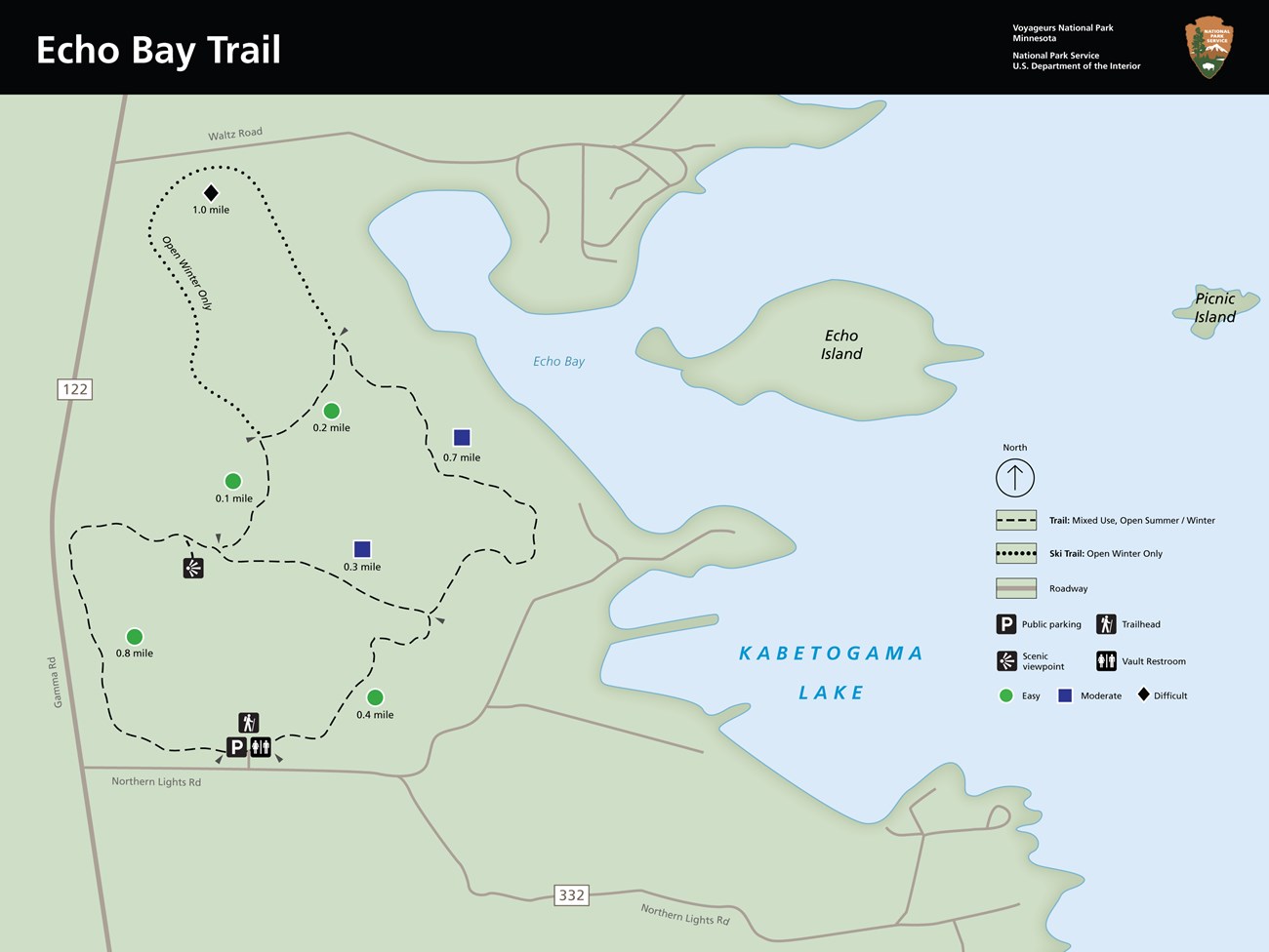 Map of hiking area showing trails and land and water boundaries.