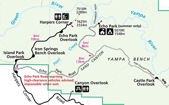 A map showing the length and sites of interest along the Echo Park Road.
