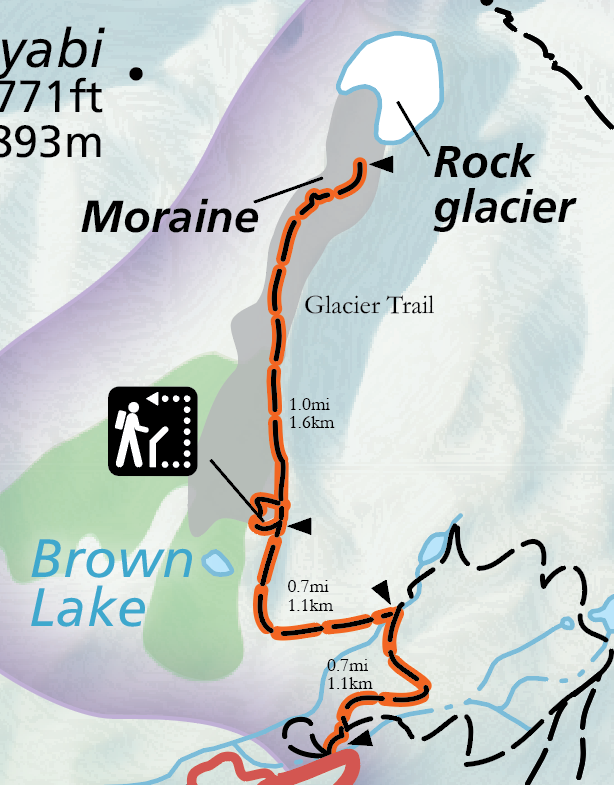 A color image of a selection of the official park map. A red road emerges from the bottom and connects to an orange highlighted trail labeled "Glacier Trail."