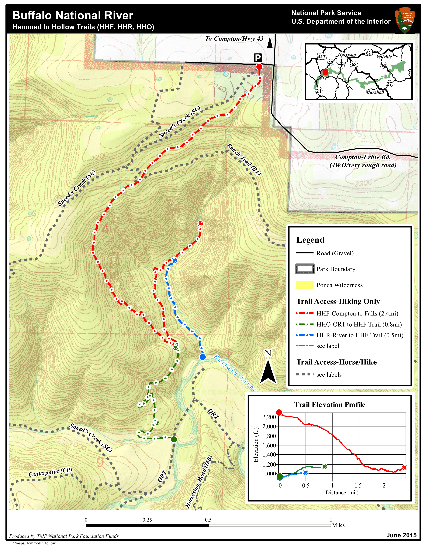 A detailed map of the Hemmed-in Hollow Trail