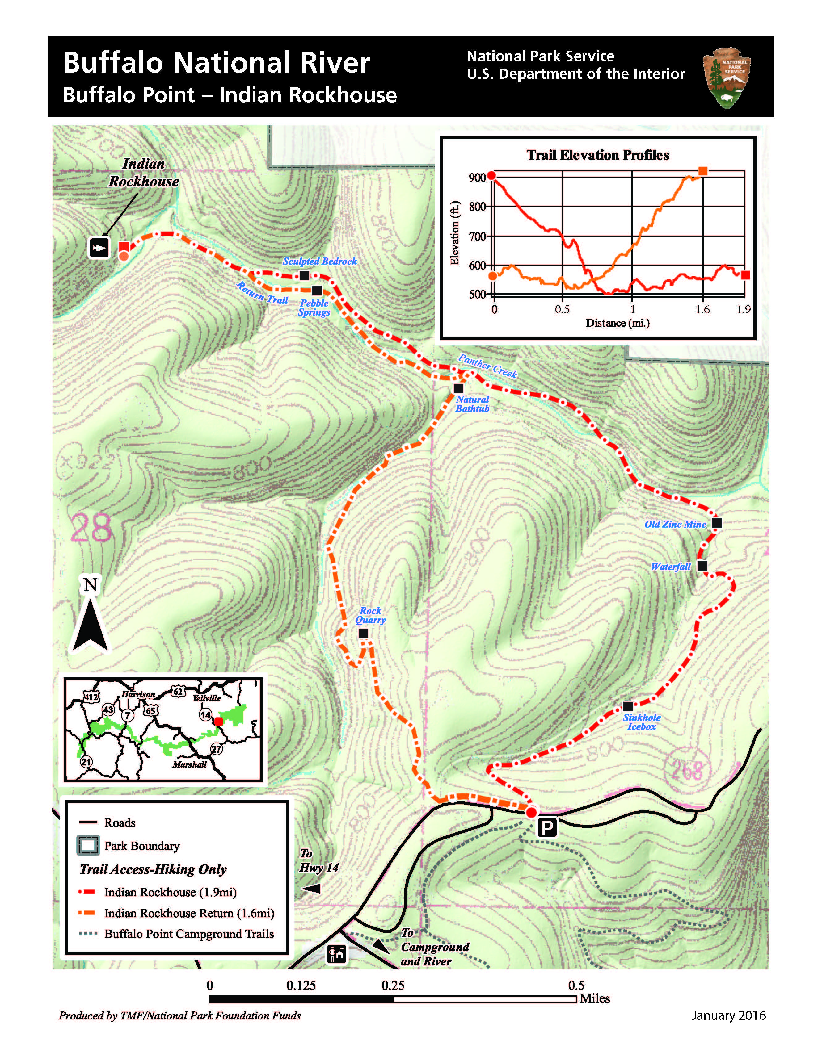 A topographic map of the Indian Rockhouse Trail