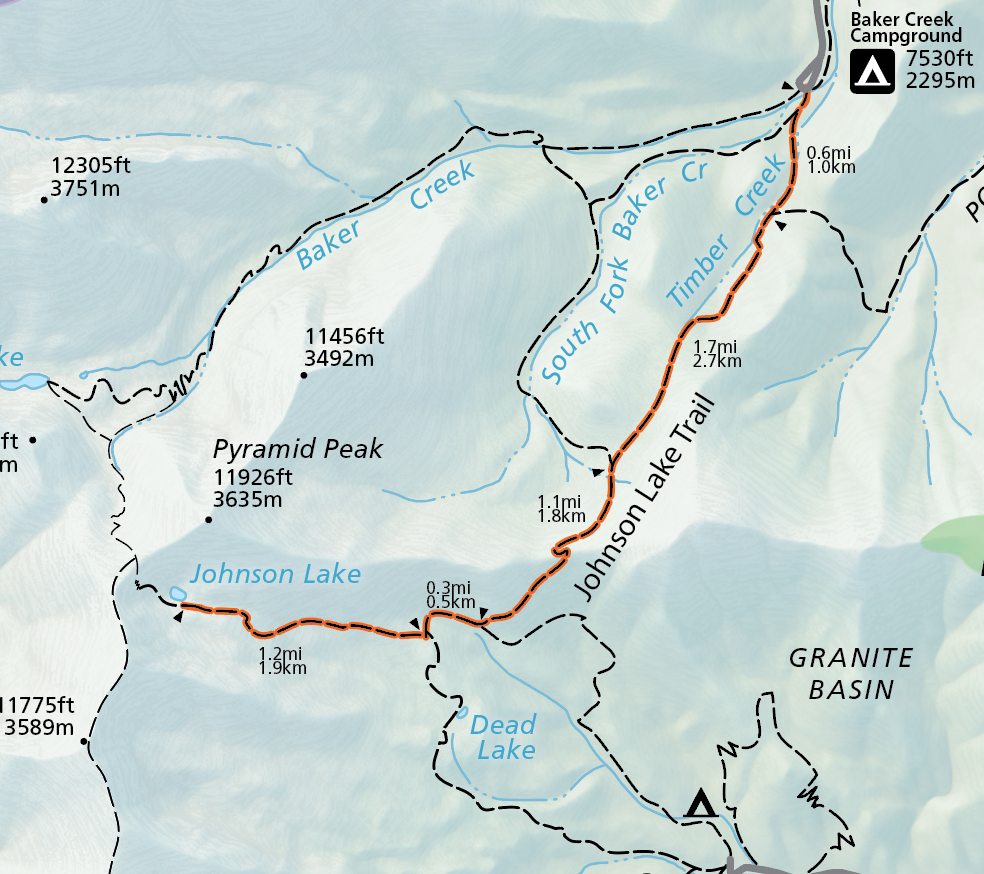 A color image of a selection of the official park map. A grey road emerges from the top and connects to an orange highlighted trail labeled "Johnson Lake Trail"